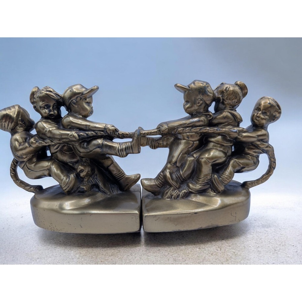 Vintage PM Craftsman Brass Bookends Children Tug of War with Dog Figural Pair